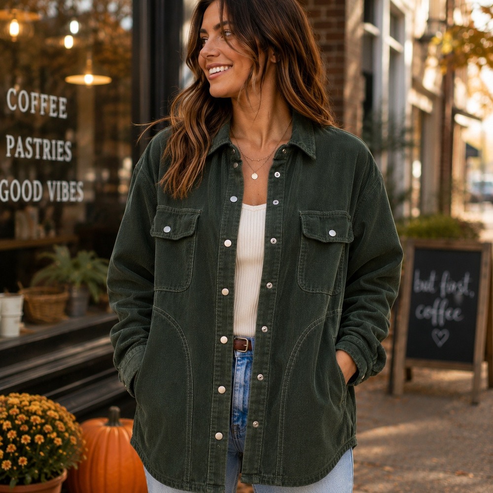 OFFLINE by Aerie Womens Corduroy Snap Front Shacket Forest Green Size M